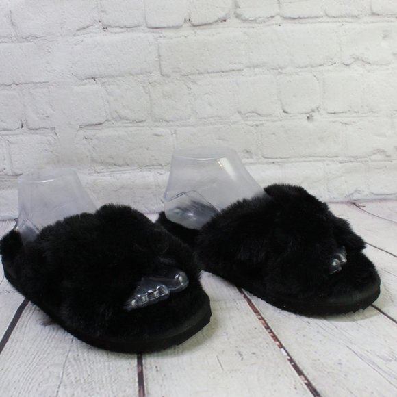 Michael Kors Lala Black Fluffy Faux Slip On Furry Slippers Size 6.5 - Picture 3 of 9